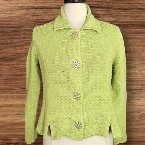 Willow Vintage 90s Knit Crop Cardigan Sweater Jacket Sz M Green Unique Buttons - Picture 1 of 8